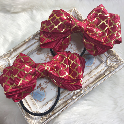 リボン ヘアゴム ヘアアクセサリー ワインレッド ハンドメイド 2つ  