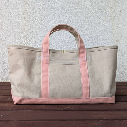 8号帆布♡ベーシック横長♡トートバッグ♡黒×シェルピンク♪ ☆ハンドメイド 8号帆布トートバッグ オーダーsample【横長-2】 トートバッグ