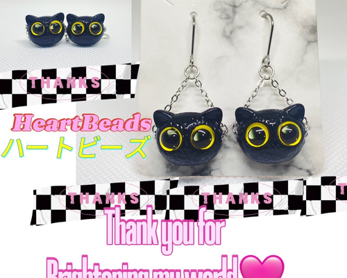 アクリルビーズ 】【ハンドメイドピアス】 黒猫 | CAT