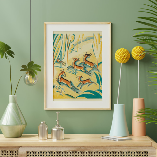 鹿のイラストアートポスター☆バンビアフリカサファリ動物園レトロ