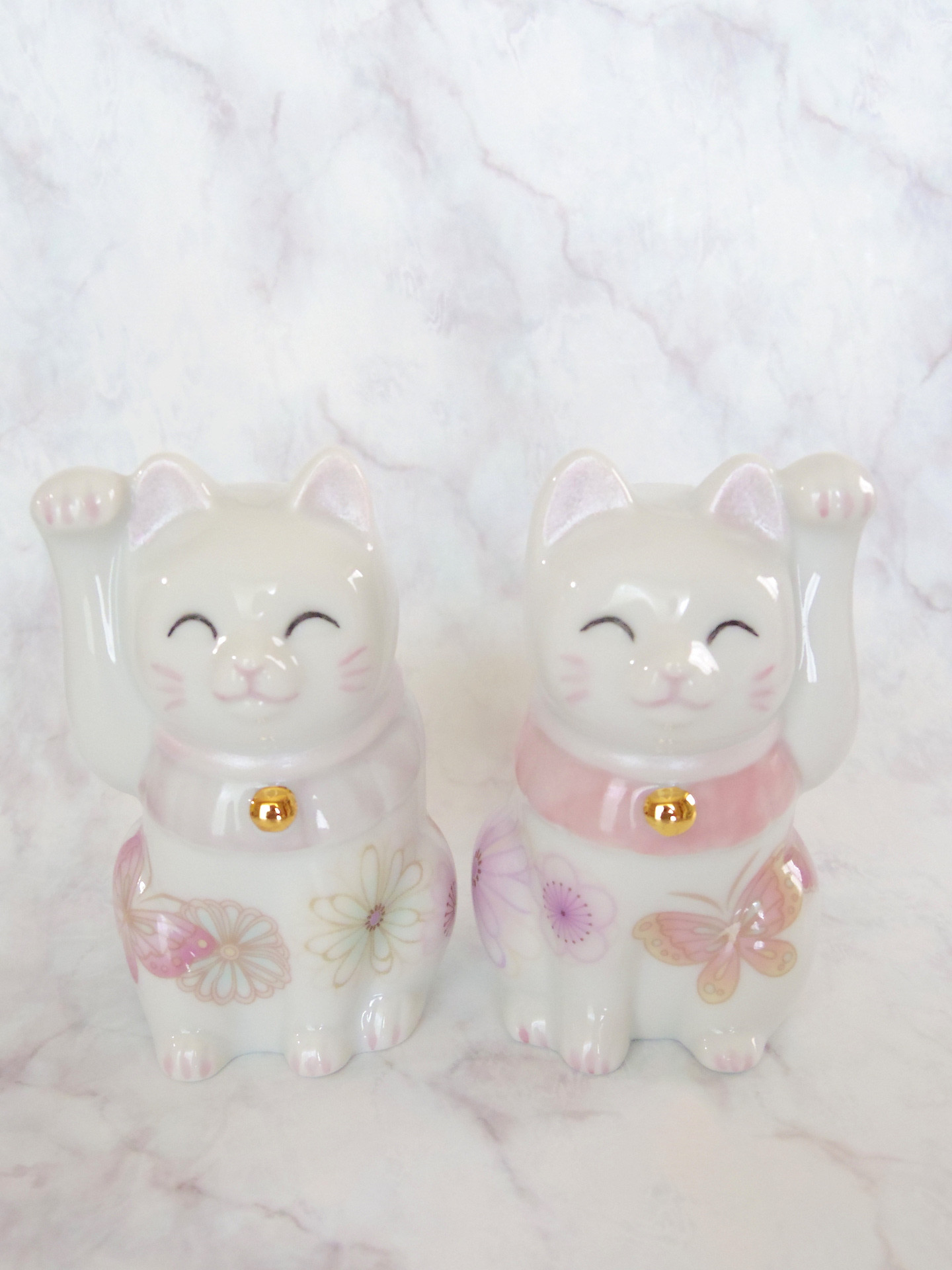 パステル和柄＆蝶々の招き猫（ペア）　磁器　ポーセラーツ