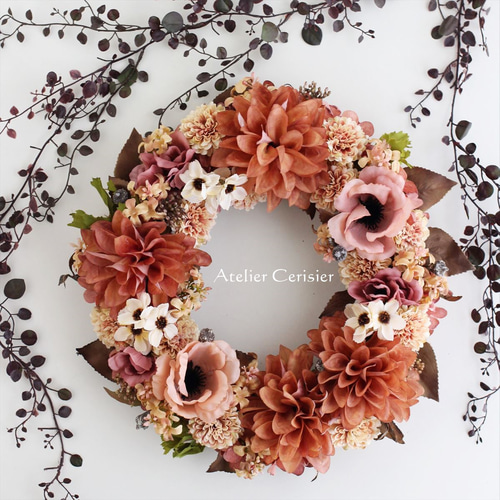 ☆ダリア＆アネモネ リース アンティークベージュ＜アーティ