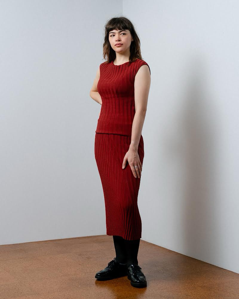 ワイドリブニットスカート　ブリック