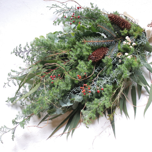 46㎝　コットンとローゼルのクリスマススワッグ　フレッシュ針葉樹　野バラの実 46㎝ コットンとローゼルのクリスマススワッグ フレッシュ針葉樹 野