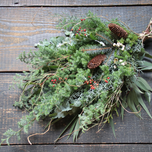 46㎝　コットンとローゼルのクリスマススワッグ　フレッシュ針葉樹　野バラの実 44㎝ ローゼルとコットンのクリスマススワッグガーランド フレッシュ