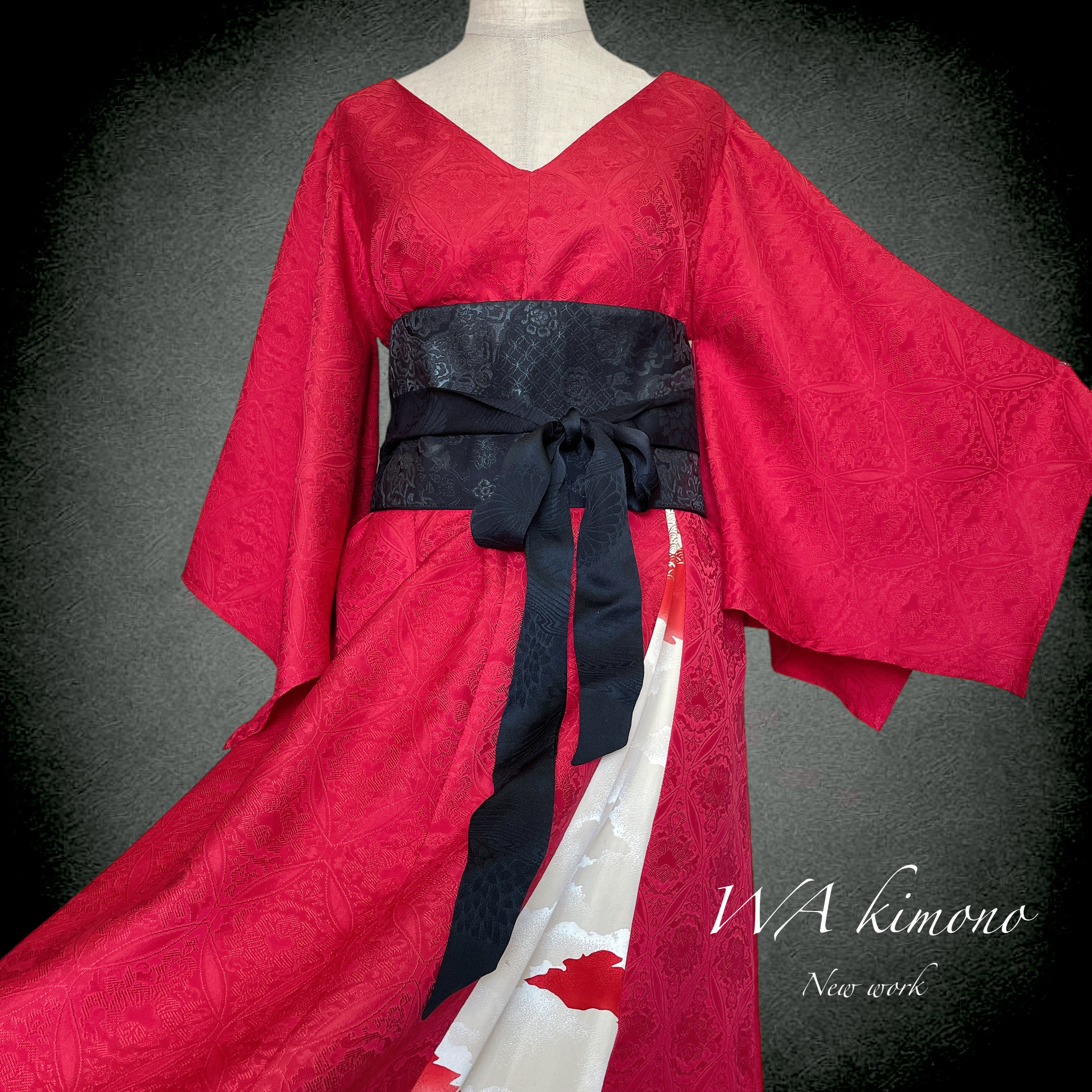 反物仕立て 三彩染め 優美な袖感 赤 差し色ワンピース フォーマル 上質