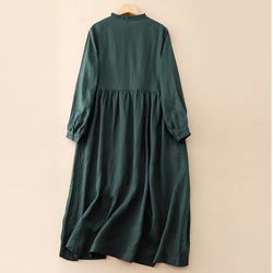 秋◆春◆綿麻ワンピース◆コットンリネン◆通勤◆通学◆ダークグリーン 2枚目の画像