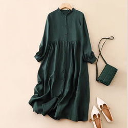 秋◆春◆綿麻ワンピース◆コットンリネン◆通勤◆通学◆ダークグリーン 1枚目の画像