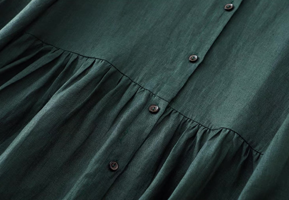 秋◆春◆綿麻ワンピース◆コットンリネン◆通勤◆通学◆ダークグリーン 3枚目の画像