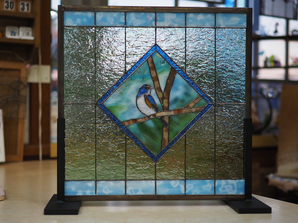 「ルリビタキのパネル」　ステンドグラス　パネル　鳥 2枚目の画像