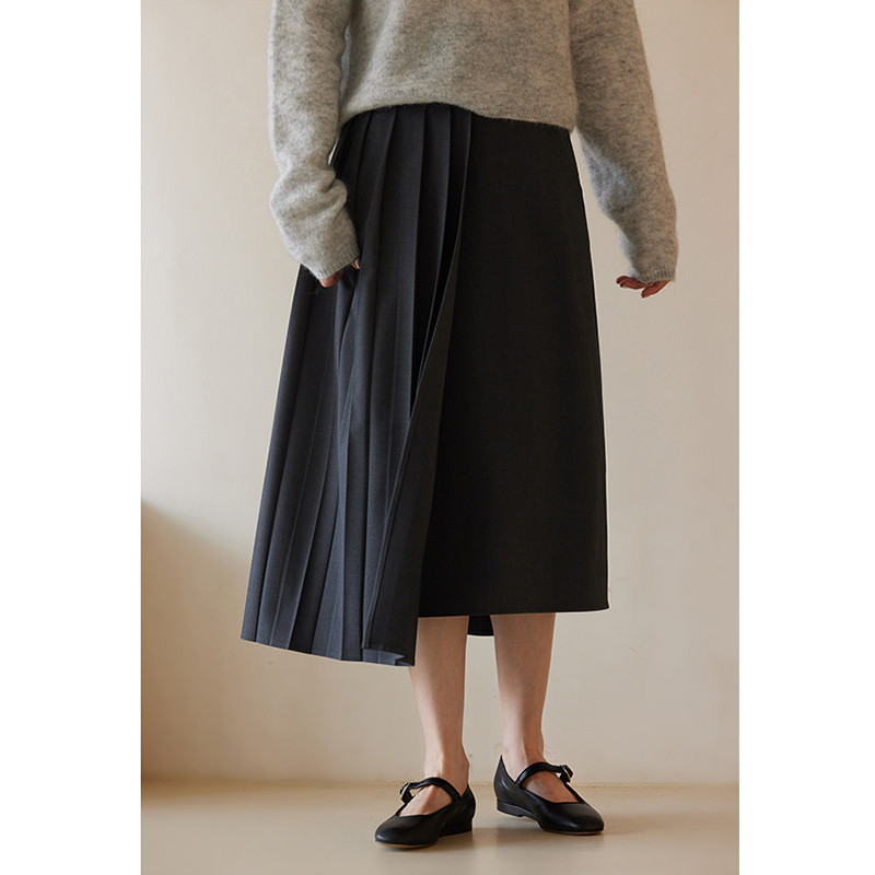 設計感ありプリーツスカート　プリーツ部分取り外し可能スカート　グレー　S-XL#558