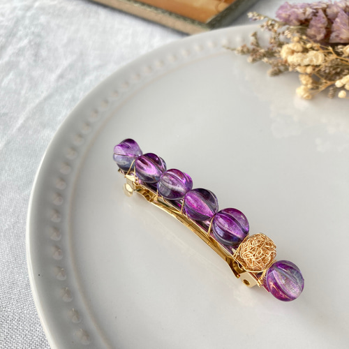 ヘアアクセサリー バレッタ ゴールド 紫 シンプル ビーズ 送料無料