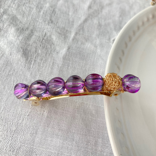 ヘアアクセサリー バレッタ ゴールド 紫 シンプル ビーズ 送料無料