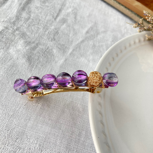 ヘアアクセサリー バレッタ ゴールド 紫 シンプル ビーズ 送料無料