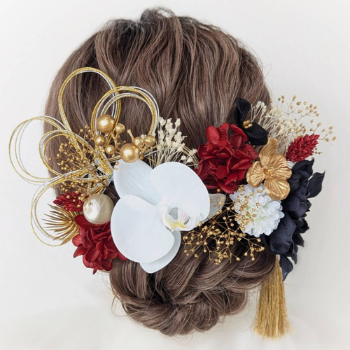 ブラウン クローゼット 花柄装飾付き 胡蝶蘭】 髪飾り 赤 黒 ゴールド 水引 成人式 卒業式 結婚式 七五三