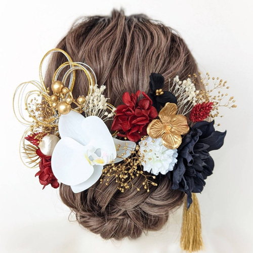 胡蝶蘭】 髪飾り 赤 黒 ゴールド 水引 成人式 卒業式 結婚式 七五三