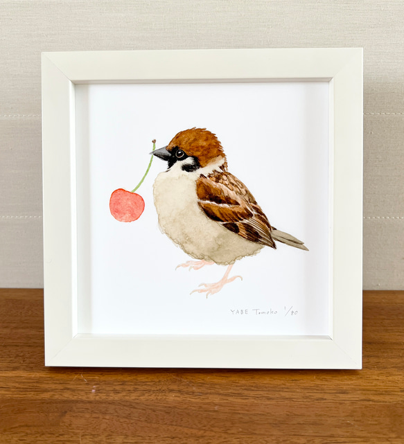 p-jet 正方形 数量限定直筆サイン入り複製画 スズメ と 桜桃 / 鳥