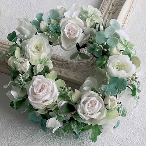 白バラのリース 白&グリーン アーティフィシャルフラワー 20cm