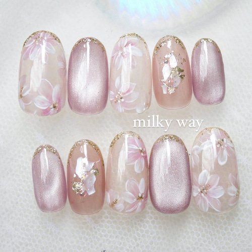 No.53 ピンクマグネット×フラワー オーダーネイルチップ 成人式  