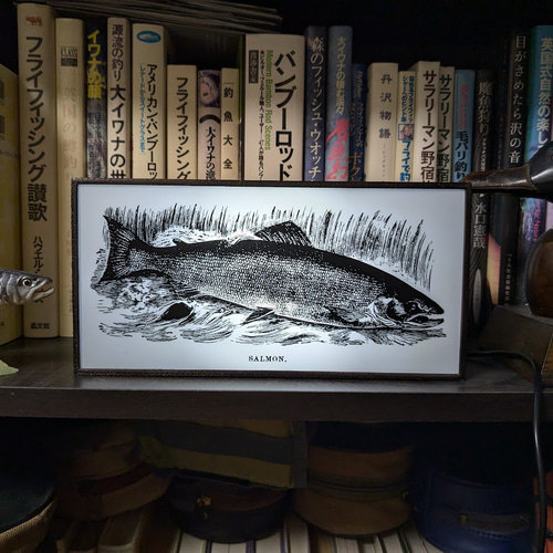 版画風】サーモン 鮭 釣り フィッシング アウトドア ガレージ