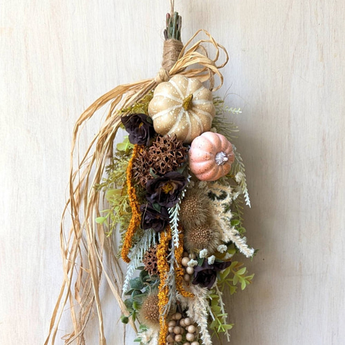 専用＊Halloween＊パンプキン＆チョコ色ミニバラ　フェイクスワッグ Halloween＊パンプキン＆チョコ色ミニバラ フェイクスワッグ スワッグ