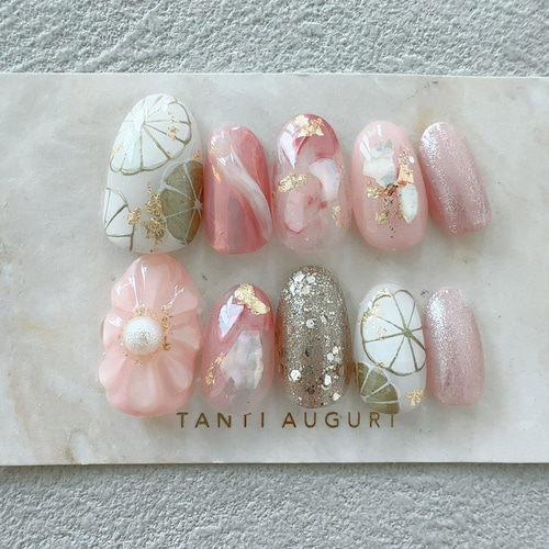 和風ピンク ネイルチップ 花びら ぷっくりフラワー 菊 和装 成人式  