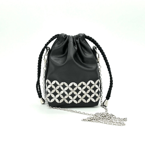 幾何学模様/和柄の巾着 七宝 ブラック シルバー 小さめ ミニバッグ