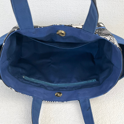 Sサイズ】青＆黒 花柄 8号倉敷帆布使用 手提げバッグ 小さめ