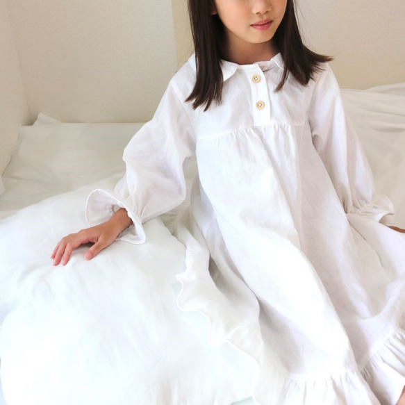 国産ダブルガーゼ ネグリジェワンピースパジャマ 白 フリル Aライン