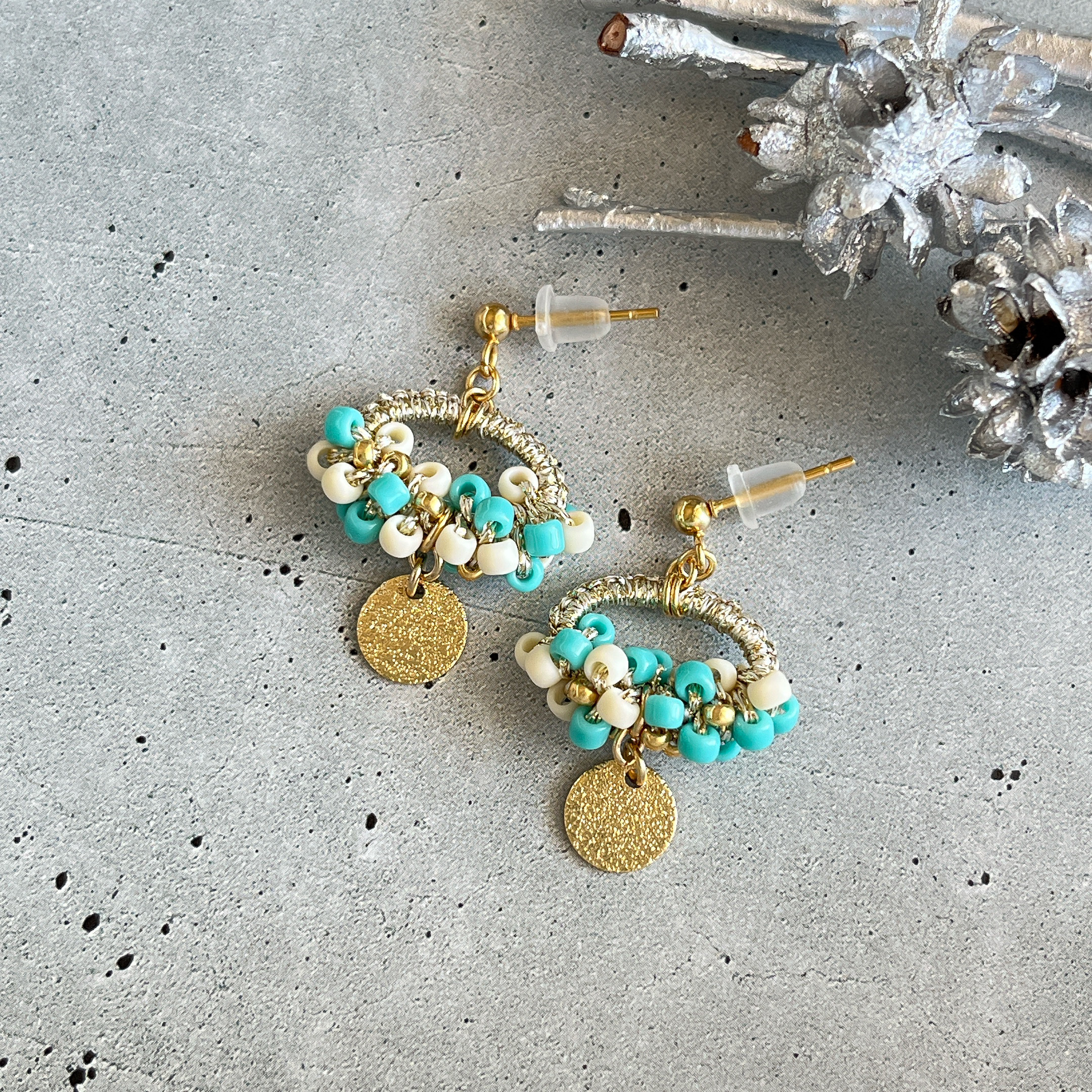 365 マーブル ゴールドプレート　ピアス　イヤリング　ハンドメイド ベージュ