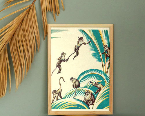 モンキーイラストアートポスター☆猿サファリ動物園子供部屋レトロ