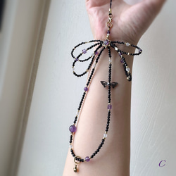 紫水晶x黑尖晶x藍月光x白母貝 手機掛繩｜六芒星 蝴蝶結 暗黑風 第18張的照片