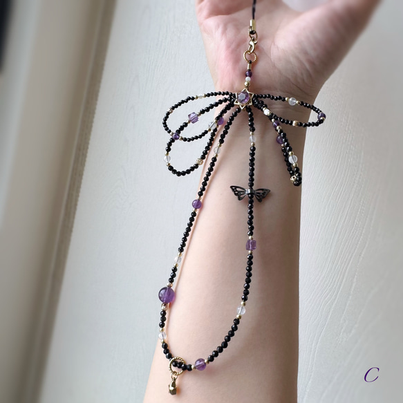紫水晶x黑尖晶x藍月光x白母貝 手機掛繩｜六芒星 蝴蝶結 暗黑風 第18張的照片