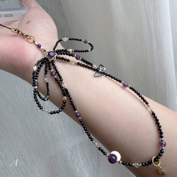 紫水晶x黑尖晶x藍月光x白母貝 手機掛繩｜六芒星 蝴蝶結 暗黑風 第3張的照片