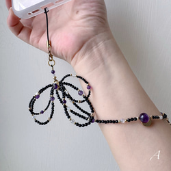 紫水晶x黑尖晶x藍月光x白母貝 手機掛繩｜六芒星 蝴蝶結 暗黑風 第2張的照片