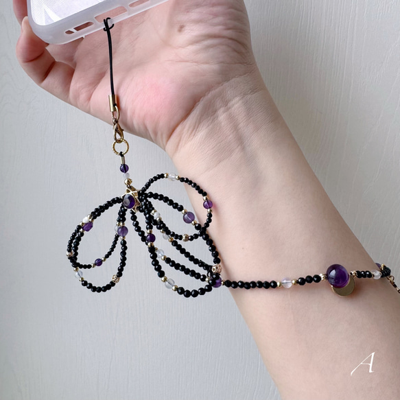 紫水晶x黑尖晶x藍月光x白母貝 手機掛繩｜六芒星 蝴蝶結 暗黑風 第2張的照片