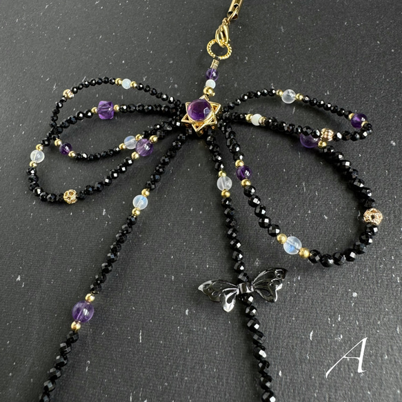 紫水晶x黑尖晶x藍月光x白母貝 手機掛繩｜六芒星 蝴蝶結 暗黑風 第6張的照片