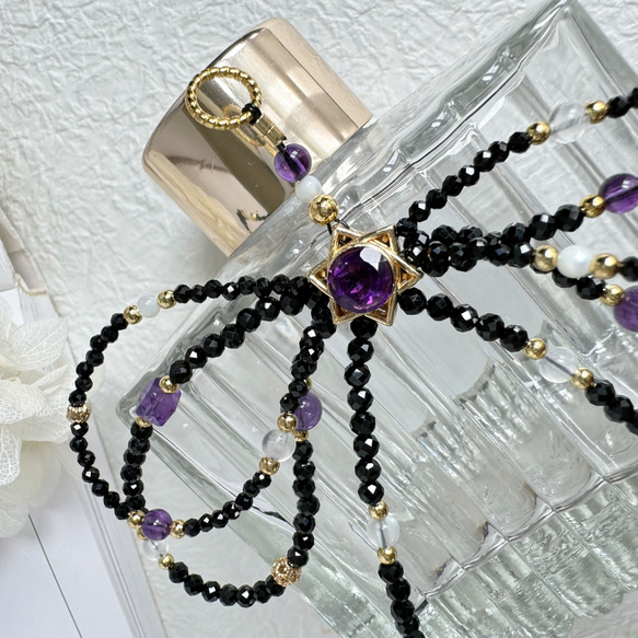 紫水晶x黑尖晶x藍月光x白母貝 手機掛繩｜六芒星 蝴蝶結 暗黑風 第10張的照片