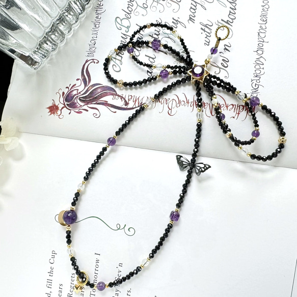 紫水晶x黑尖晶x藍月光x白母貝 手機掛繩｜六芒星 蝴蝶結 暗黑風 第1張的照片