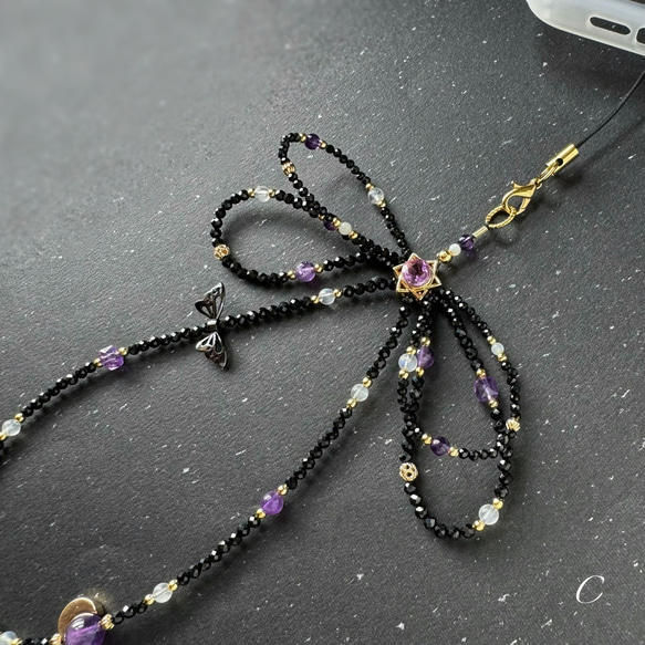 紫水晶x黑尖晶x藍月光x白母貝 手機掛繩｜六芒星 蝴蝶結 暗黑風 第20張的照片