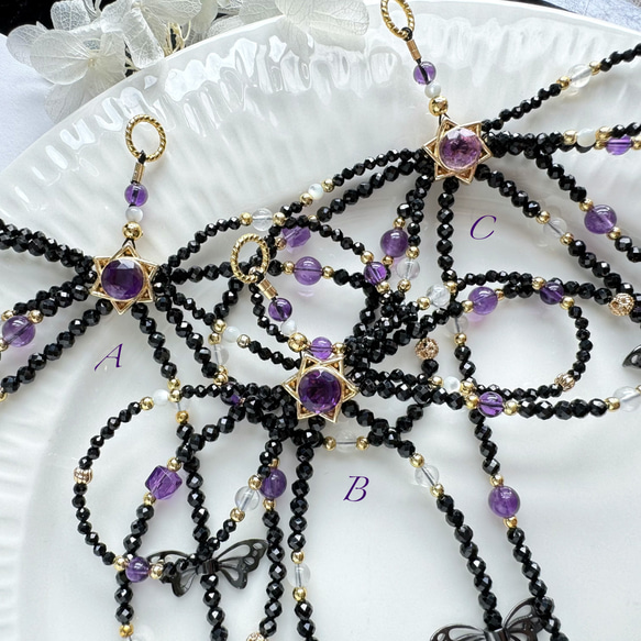 紫水晶x黑尖晶x藍月光x白母貝 手機掛繩｜六芒星 蝴蝶結 暗黑風 第4張的照片