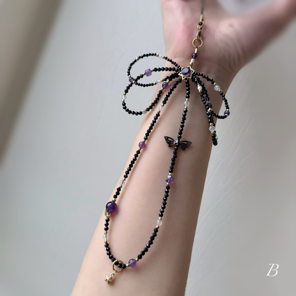 紫水晶x黑尖晶x藍月光x白母貝 手機掛繩｜六芒星 蝴蝶結 暗黑風 第13張的照片