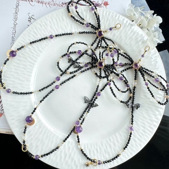 紫水晶x黑尖晶x藍月光x白母貝 手機掛繩｜六芒星 蝴蝶結 暗黑風 第9張的照片