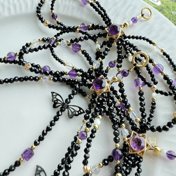 紫水晶x黑尖晶x藍月光x白母貝 手機掛繩｜六芒星 蝴蝶結 暗黑風 第11張的照片