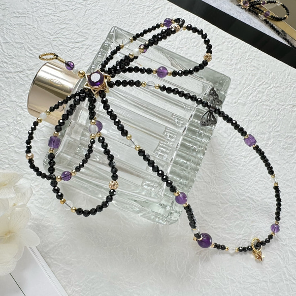 紫水晶x黑尖晶x藍月光x白母貝 手機掛繩｜六芒星 蝴蝶結 暗黑風 第12張的照片