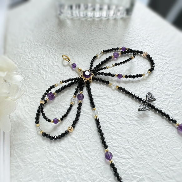 紫水晶x黑尖晶x藍月光x白母貝 手機掛繩｜六芒星 蝴蝶結 暗黑風 第7張的照片