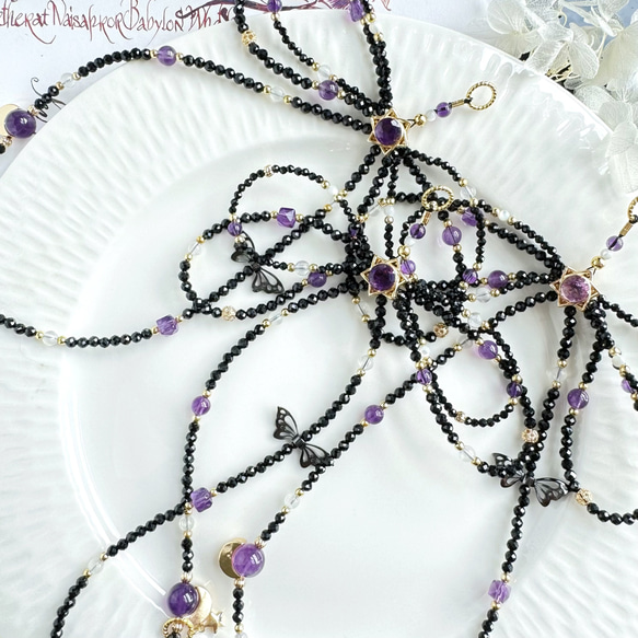 紫水晶x黑尖晶x藍月光x白母貝 手機掛繩｜六芒星 蝴蝶結 暗黑風 第5張的照片