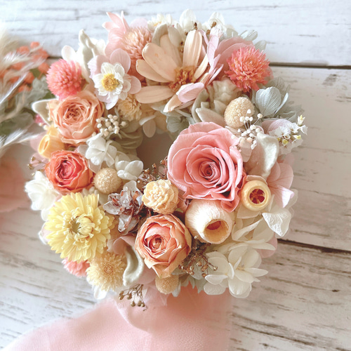 薄ピンク薔薇のドライフラワーリースとスワッグのセット＊ドライ  