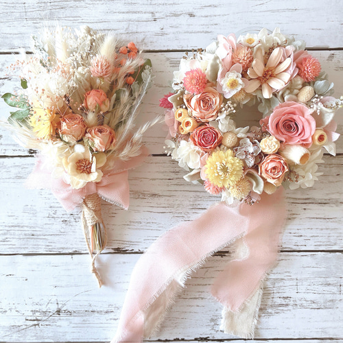 薄ピンク薔薇のドライフラワーリースとスワッグのセット＊ドライ  