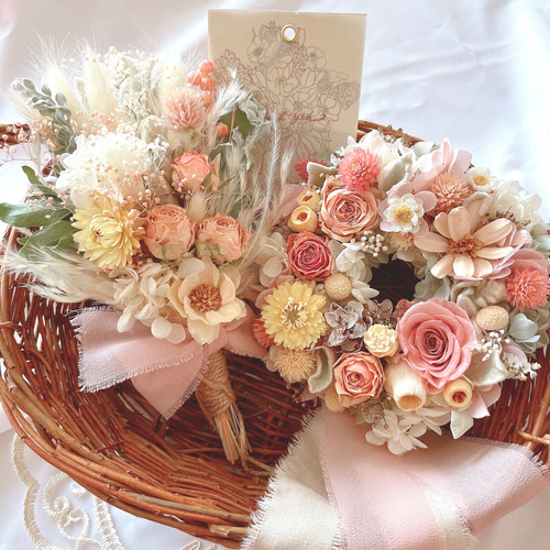 薄ピンク薔薇のドライフラワーリースとスワッグのセット＊ドライ  